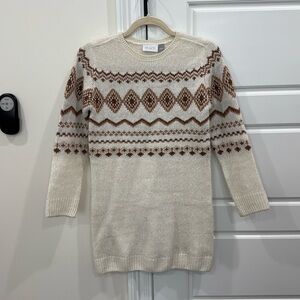 Girls Holiday Sweater Dress Ivory Brown Gold Metallic Threading, size 10/12